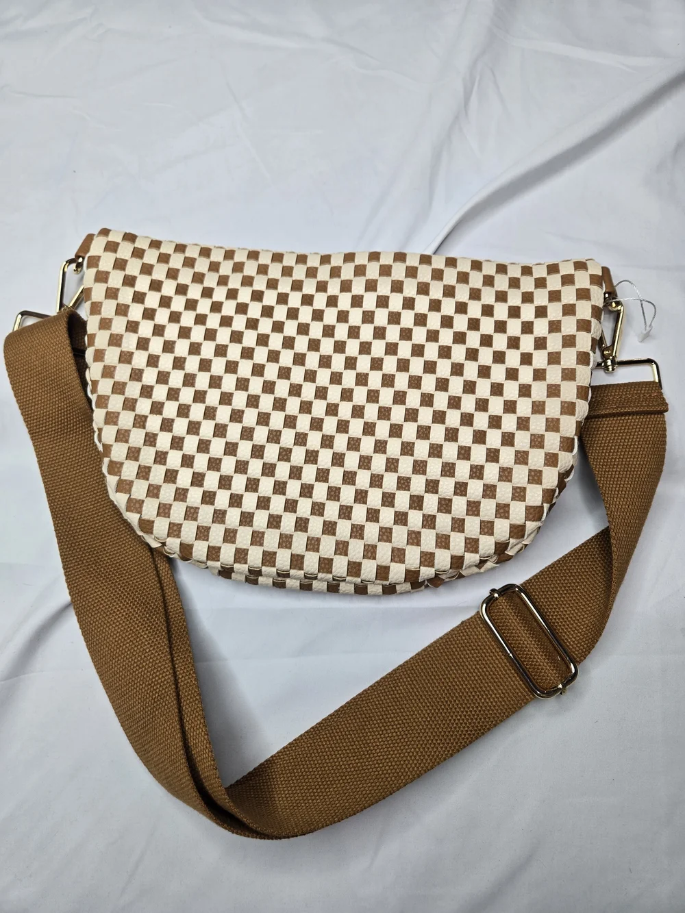 Checkerboard Brown & Cream Crossbody Bag with Wide Strap - Picture 6 of 6